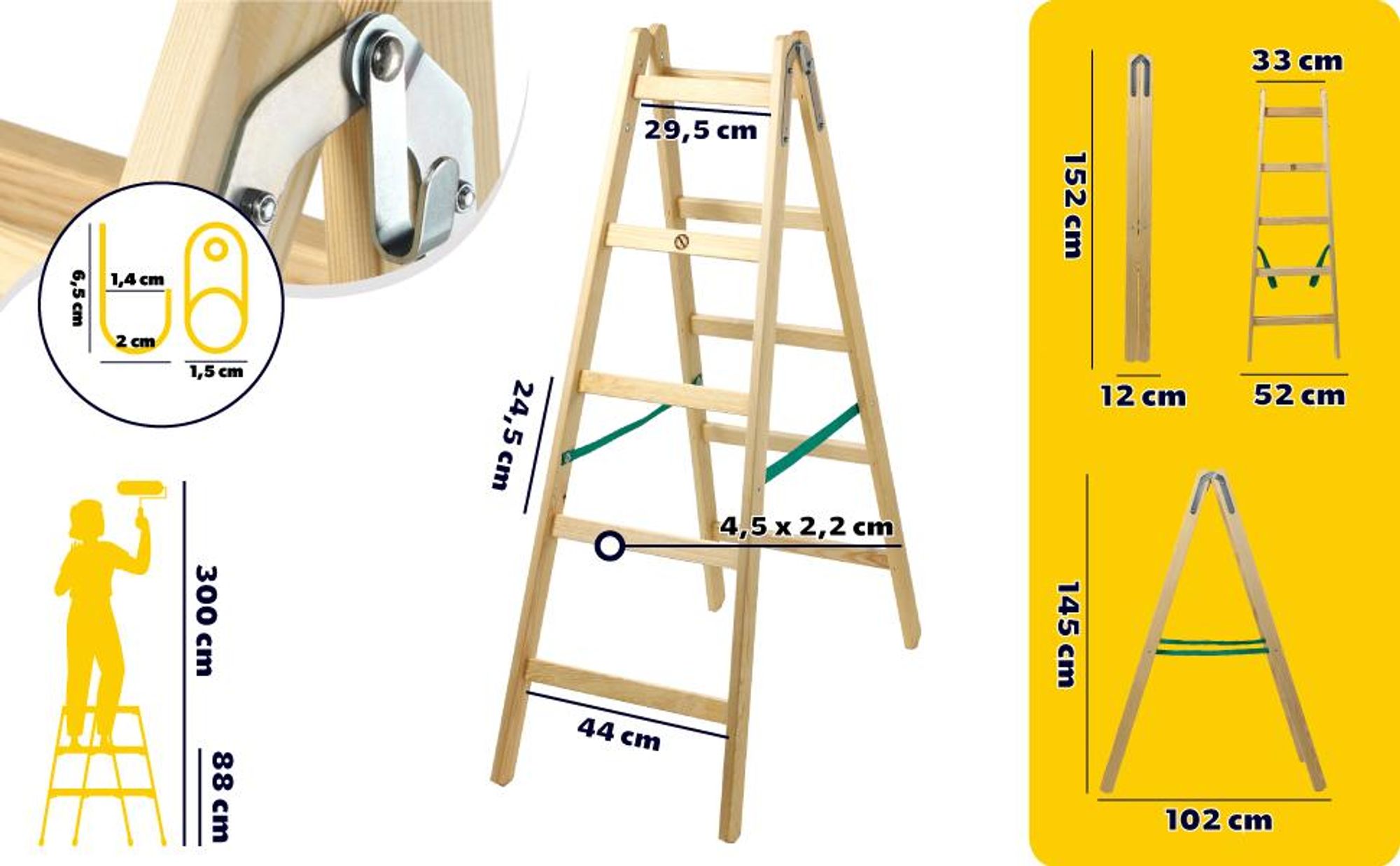 KADAX Leiter "Salo", Holzleiter, Bockleiter bis 150 kg, 152 cm, 5 Stufen