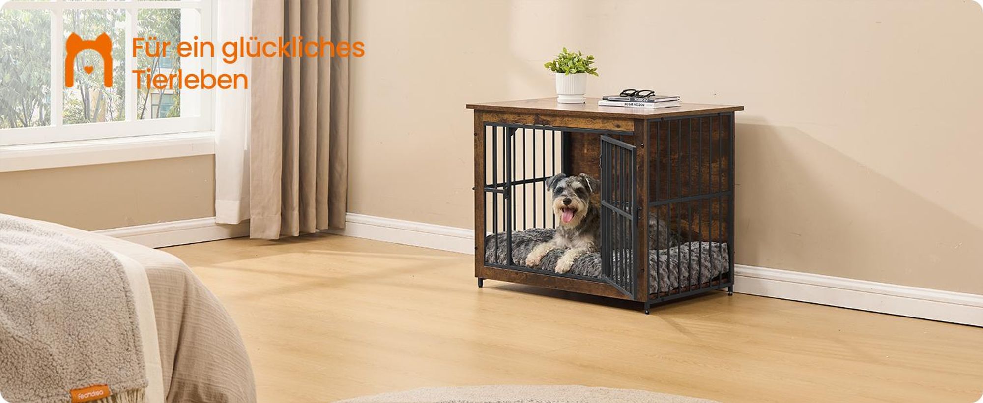 FEANDREA Hundehütte Indoor, stabiler Hundekäfig, Hundebox mit 2 Türen, 82 x 55 x 64 cm, Braun