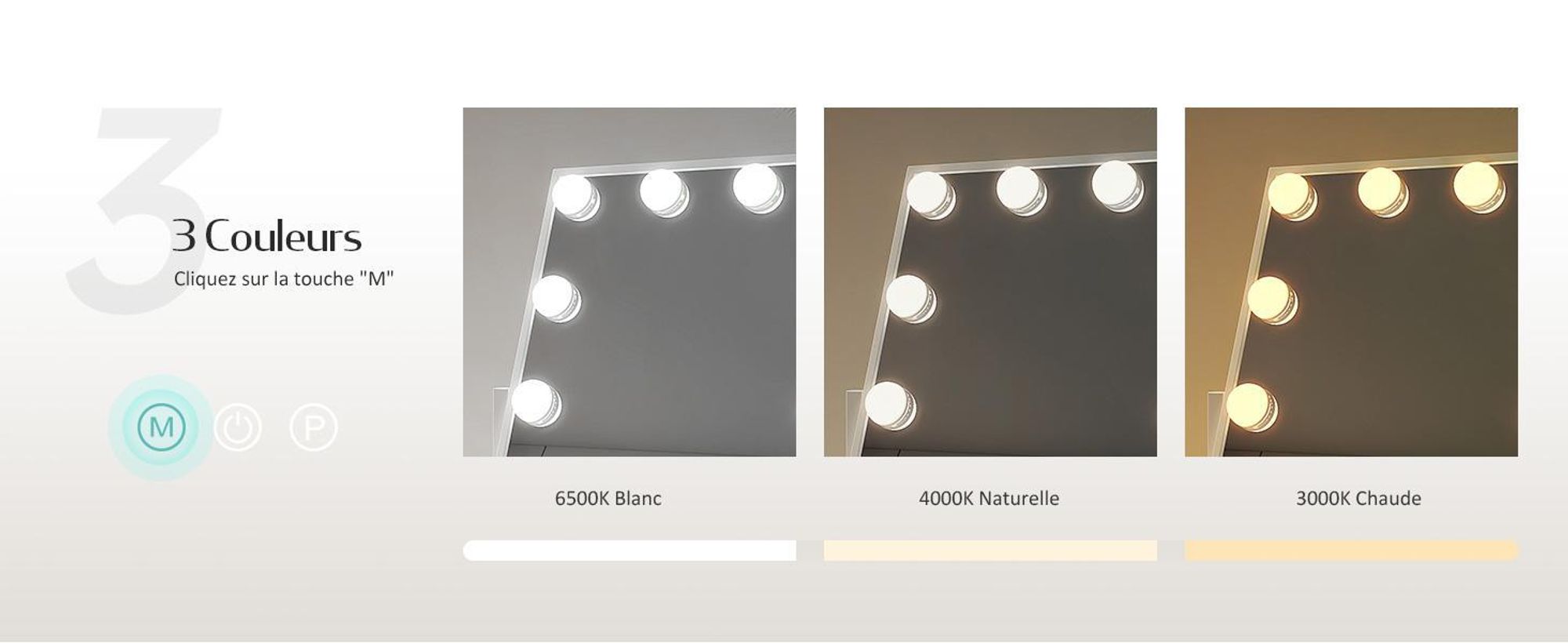 Miroir cosmétique EMKE avec éclairage LED 47,5 x 36,5 cm Miroir de maquillage grossissement 7x 3 couleurs de lumière Intensité réglable Rotation à 360°, blanc