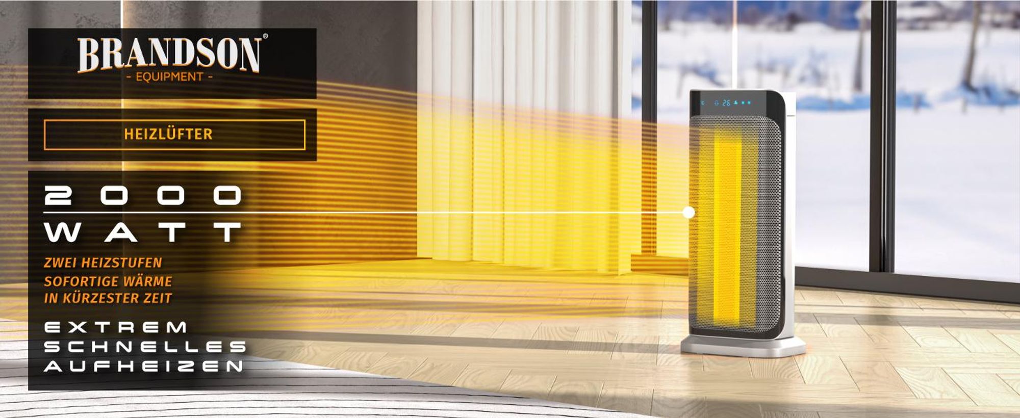 Brandson 2000W Keramik Heizlüfter, energiesparend, leise, Oszillationsfunktion 35°, Überhitzungsschutz, Automatische Abschaltung, Umkippschutz, 2x Heizstufen, Schwarz/Silber