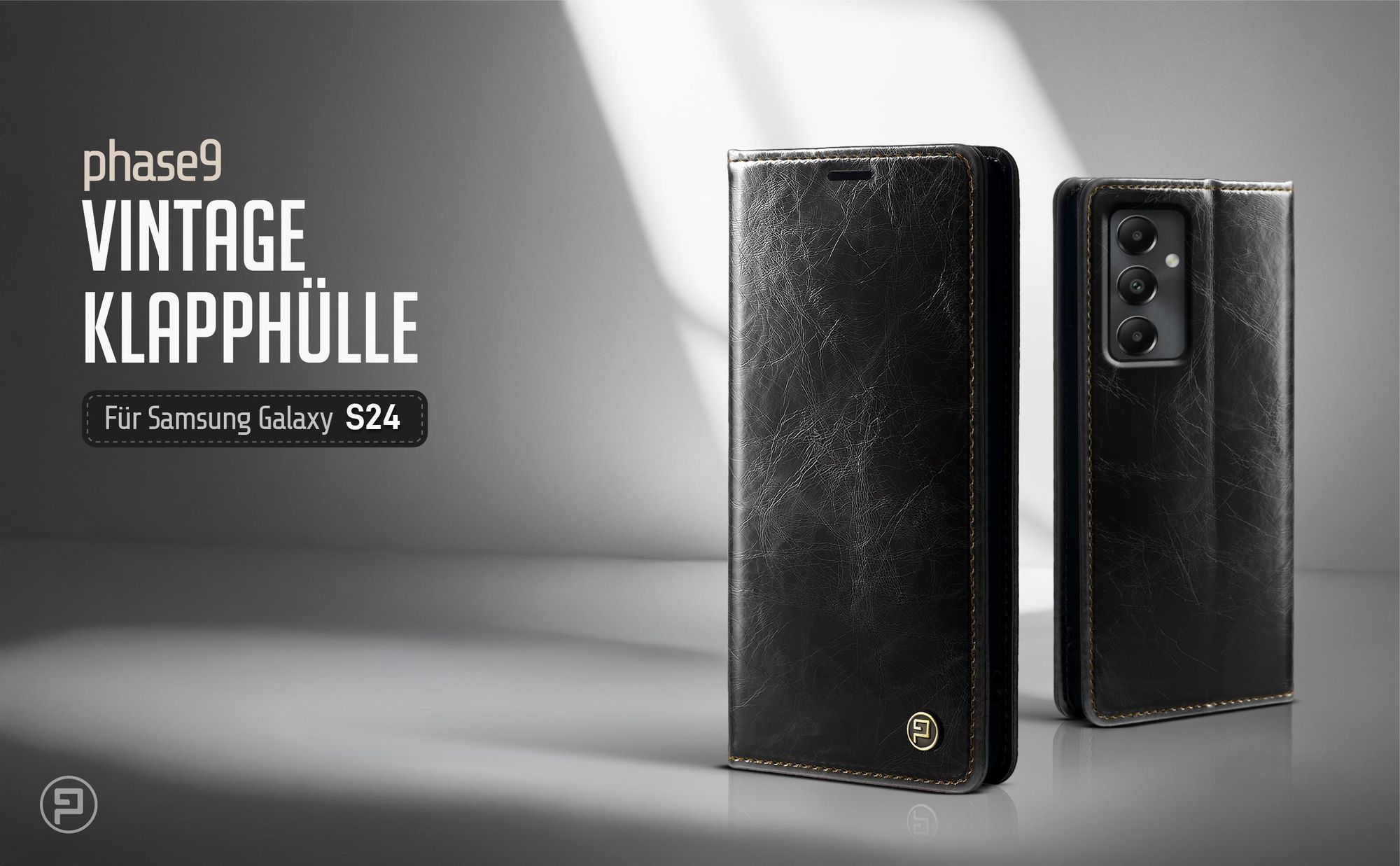 Schwarze Klapphülle für Samsung Galaxy S24 im klassischen Vintage Look