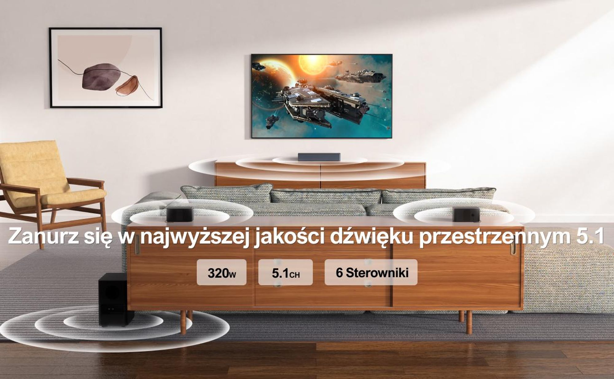 ULTIMEA 5.1 Surround Soundbar 320W, Virtual Surround System, Soundbar z subwooferem i tylnymi głośnikami, Regulacja dźwięku przestrzennego i basów Kino domowe