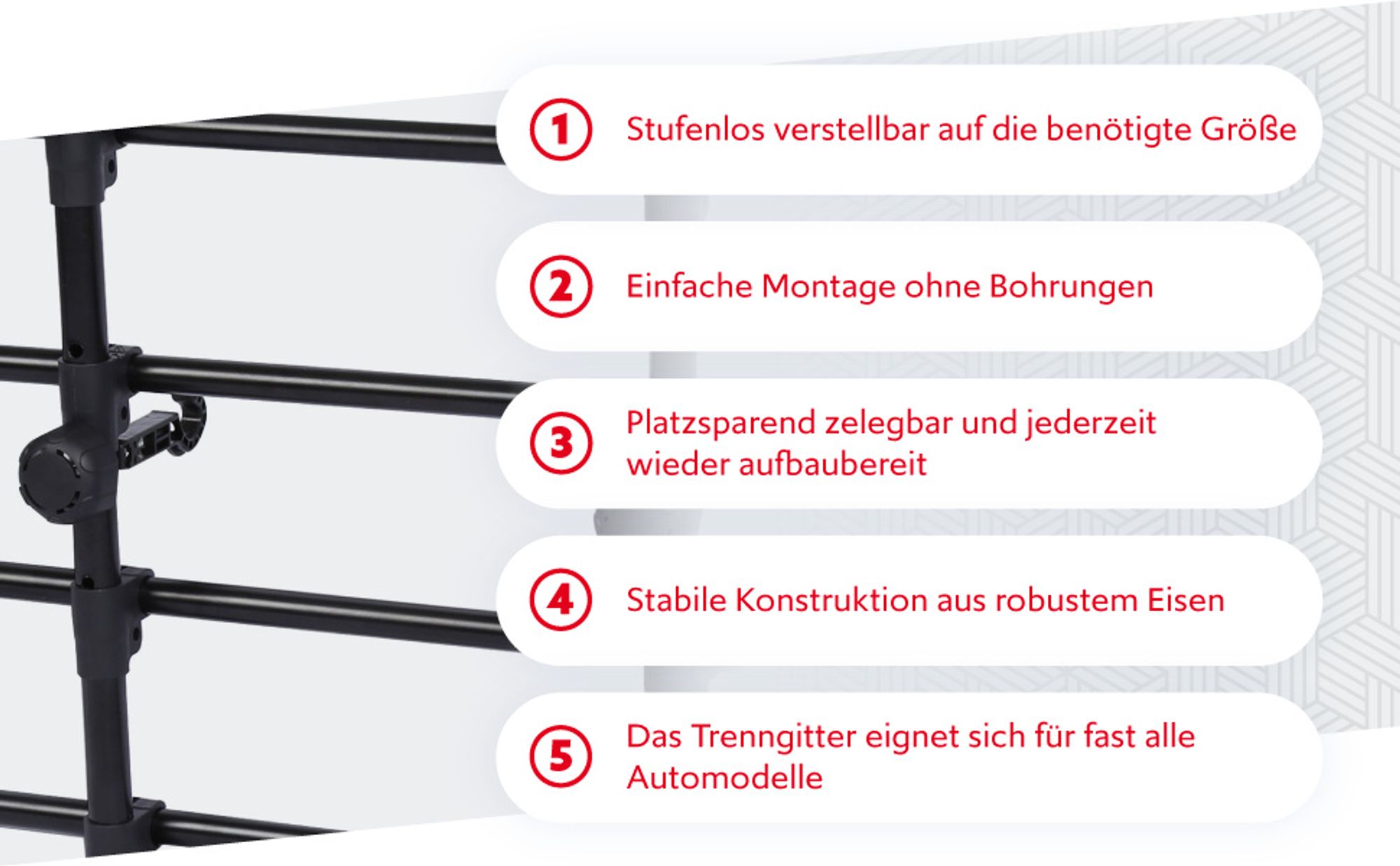 Wiltec Hundegitter fürs Auto Modell G, 40 cm hoch, verstellbare Breite 83-145 cm, Trenngitter universell einsetzbar für Kofferraum