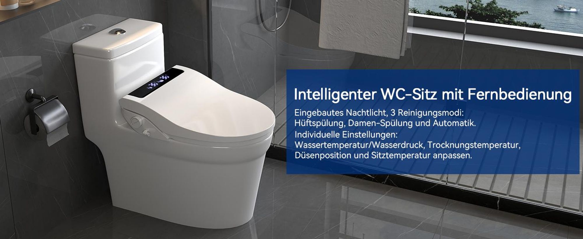 Puluomis Intelligenter Toilettensitz mit Warmwasser, Warmluft, Heizsitz, Duschfunktion, Trocknung,  4-Temperaturstufen, LCD-Display, Nachtlicht lang