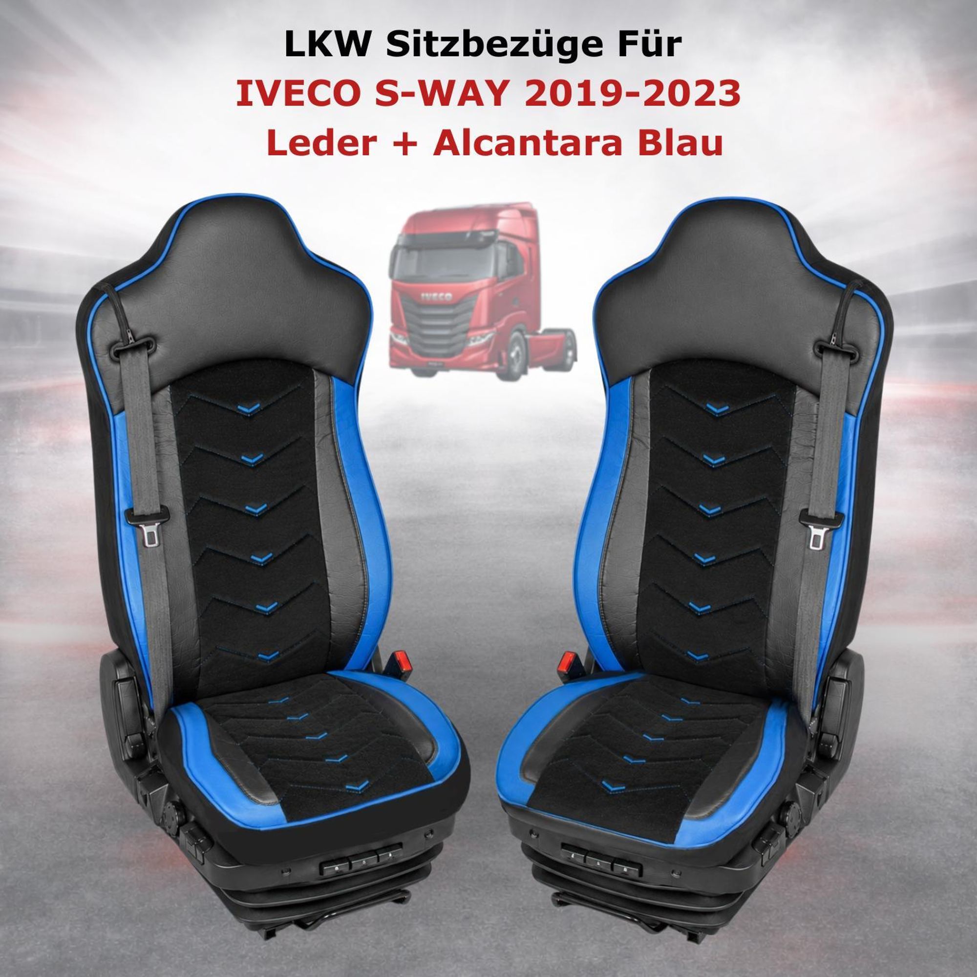 2x LKW SITZBEZUG SITZBEZÜGE SITZAUFLAGE LEDER + ALCANTARA IVECO S-WAY 2019-2023 Blau