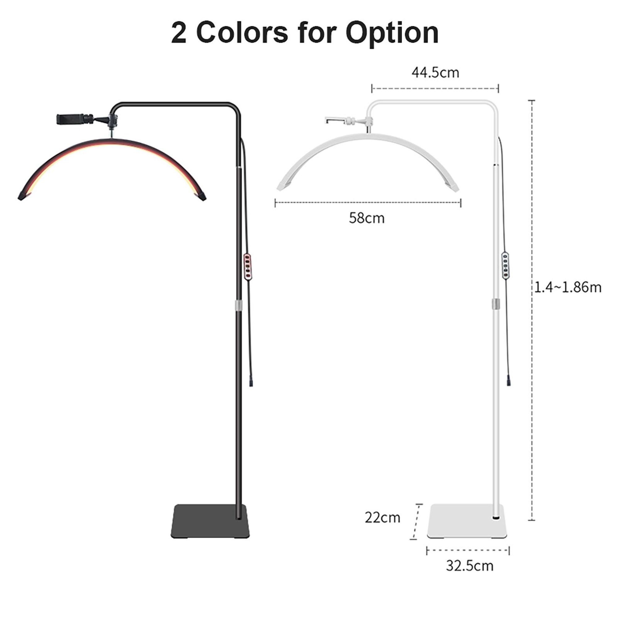 Andoer HD-M6XR 36 W Boden-LED-Videoleuchte, halbmondfoermiges Fuelllicht, dimmbar mit 5600 K Weisslicht und rotem Licht, 186 cm Metall-Lichtstativ, Telefonhalter, Fernbedienung fuer Schoenheitssalon, Make-up, Live-Streaming, Nachttischlampe
