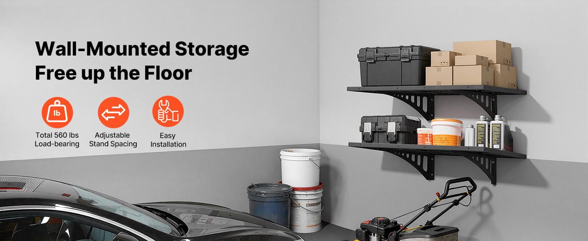 VEVOR 2-stufige Schwerlast-Wandregale für die Garage, 50 x 122 cm Stahl Wandmontierte Regaleinheit, 500 x 1219 mm pro Regal Schwimmendes Lagerregal aus Metall für die Garage mit 254 kg Gesamttragfähigkeit, Schwarz, 24 x 36 in