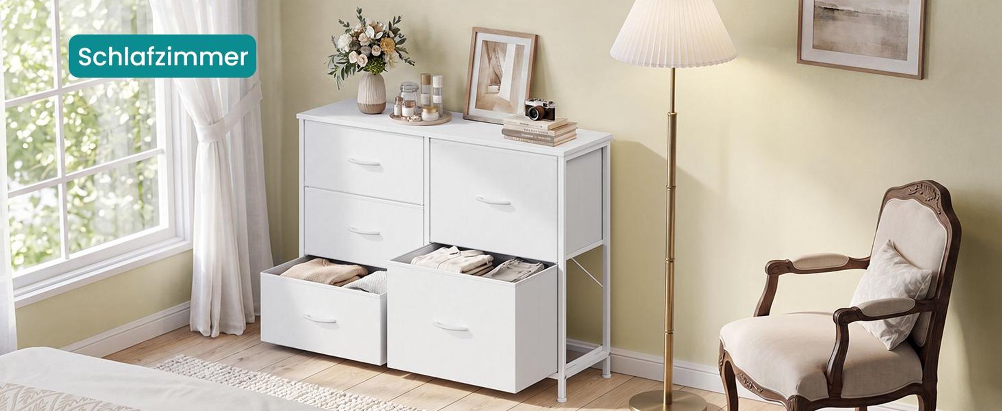 SONGMICS Kommode mit 5 Schubladen, Schubladenschrank mit Metallgestell, 98,7 x 30 x 74,7 cm, Weiß