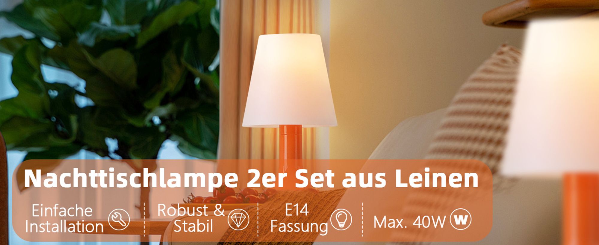 ZMH Tischlampe mit Kabel Nachttischlampe 2er Set orange Tischleuchte E14  Wohnzimmer Tischlampen Moderne Landhausstil für Esstisch Schlafzimmer