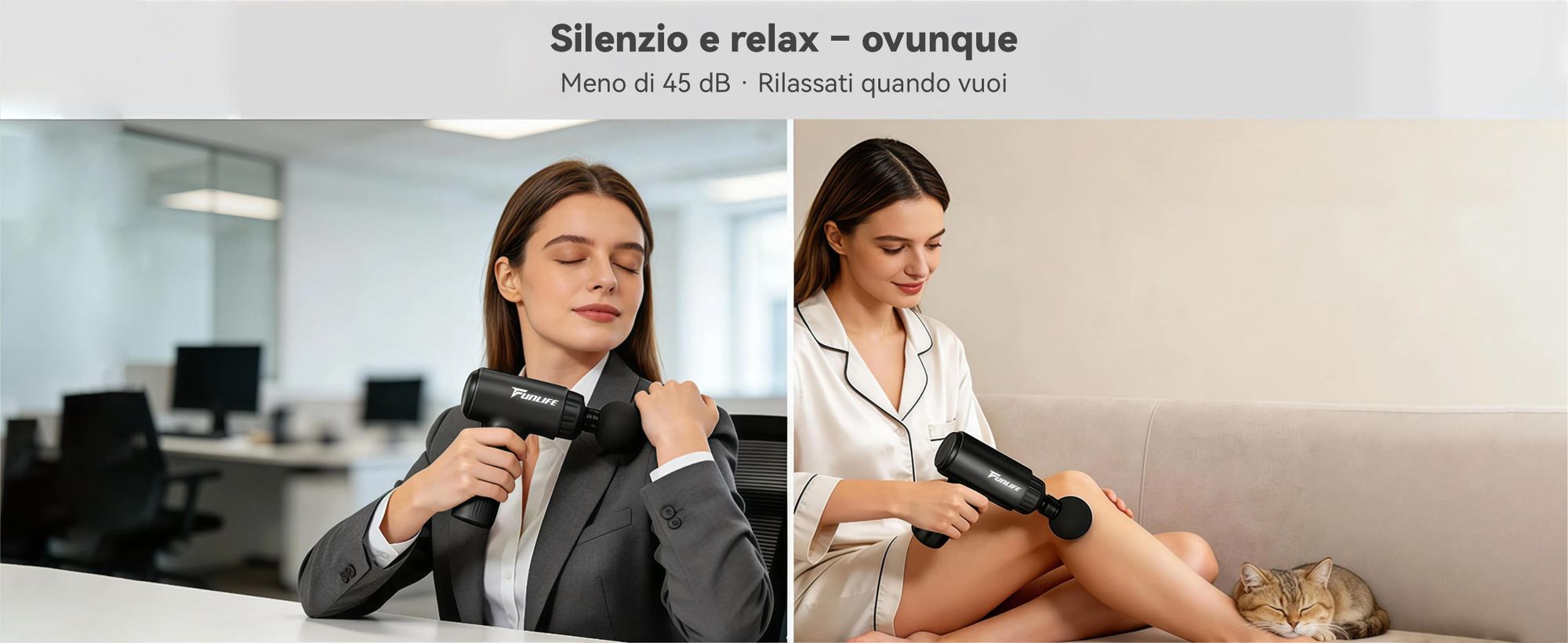 Pistola massaggiante e per il rilassamento muscolare FunLife M2 Mini, con corsa di 12 mm, 6 livelli di intensità, 4 testine di massaggio, connettività USB-C, funzionamento silenzioso (<45 dB) e peso di soli 0,5 kg