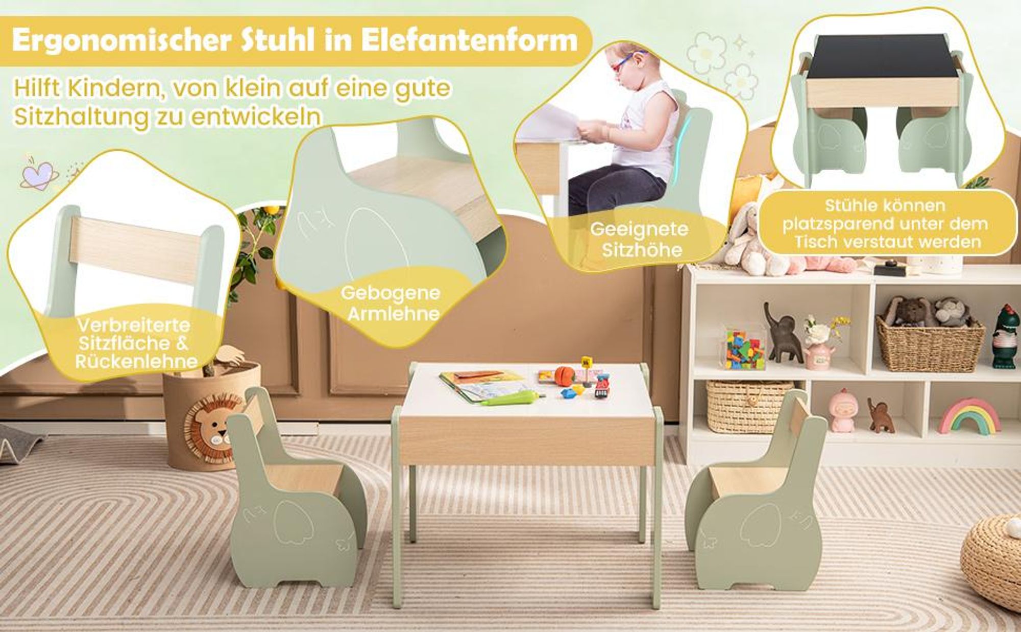 COSTWAY 3tlg. Kindersitzgruppe aus Holz, 4-in-1-Kindertisch mit 2 Stühlen & Abnehmbarer Tafel, Kindermöbel-Set mit Stauraum für Spielzimmer, Kindergarten (Grün)