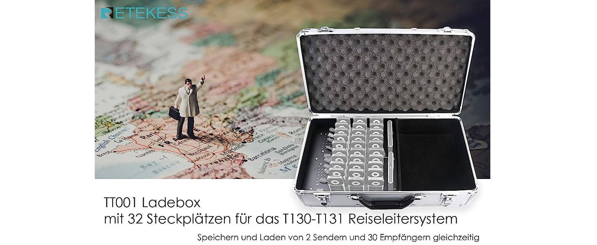 Retekess TT001 Tour Guide System-Ladebox, mit 32 Steckplätzen, Kompatibel für T130-T131 2 Steckplätze für Sender und 30 Steckplätze für Empfänger