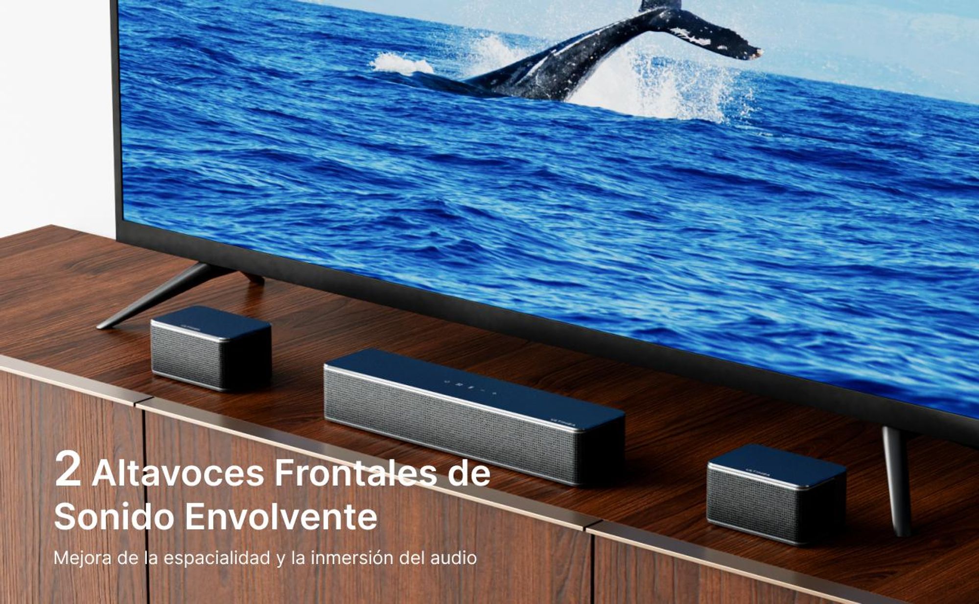 ULTIMEA 7.1: Sistema de sonido envolvente virtual para televisores, con una potencia máxima de 410W. Barra de sonido con subwoofer y altavoces envolventes ajustables, y control mediante aplicación