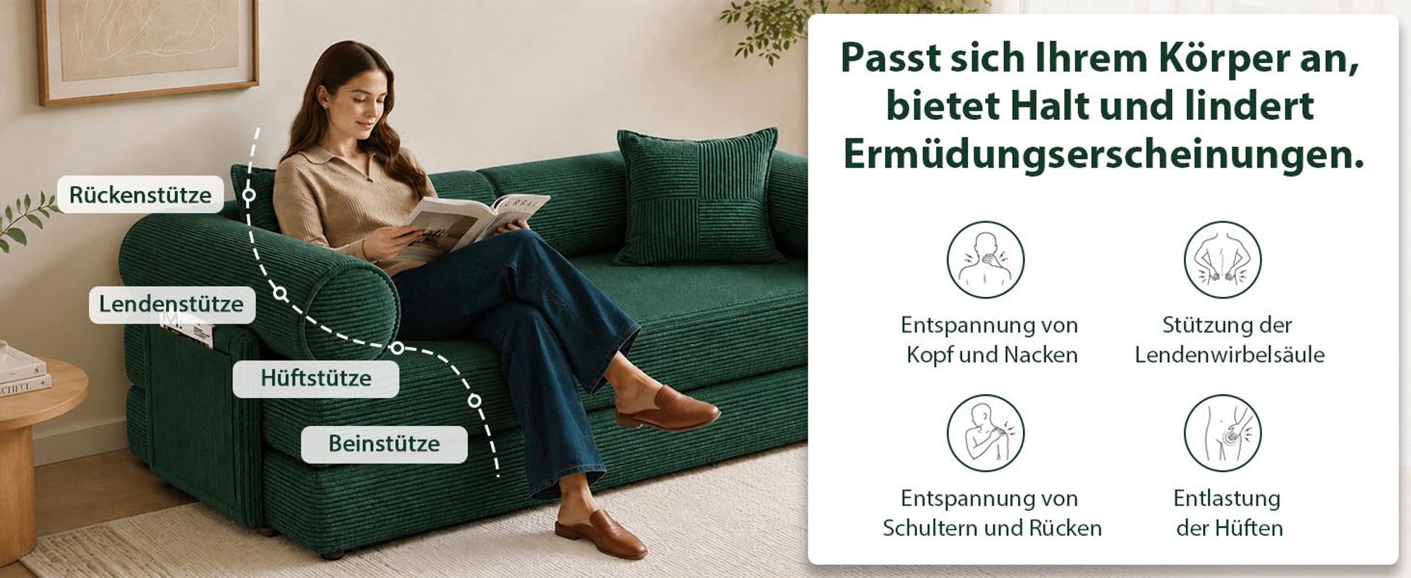 HOOLAMYIE 6-in-1 Modulares Schlafsofa aus Cord, Klappbares Polstersofa mit Seitentasche, montagefrei, Bodensofa 2-Sitzer, Grün