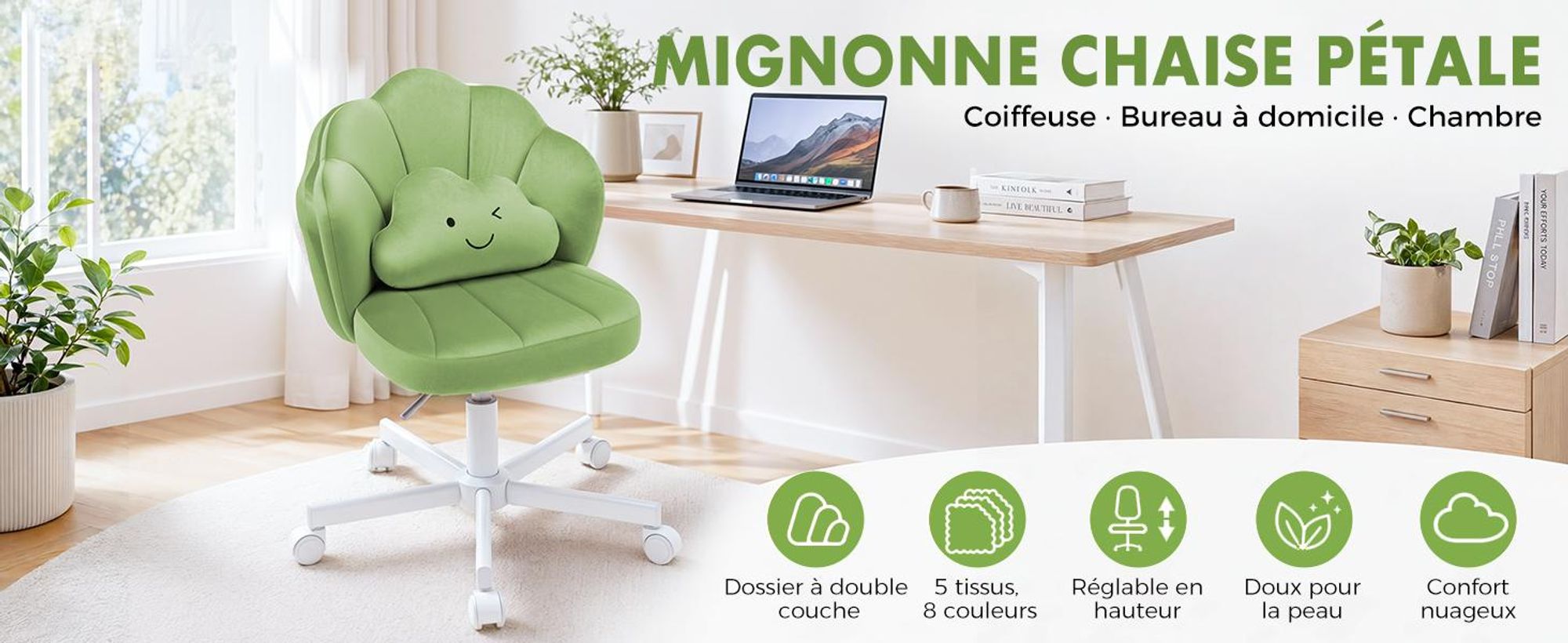 Chaise de bureau COMHOMA, chaise de maquillage, chaise de bureau à roulettes avec double dossier et coussin en forme de nuage, chaise pivotante réglable en hauteur, velours, vert