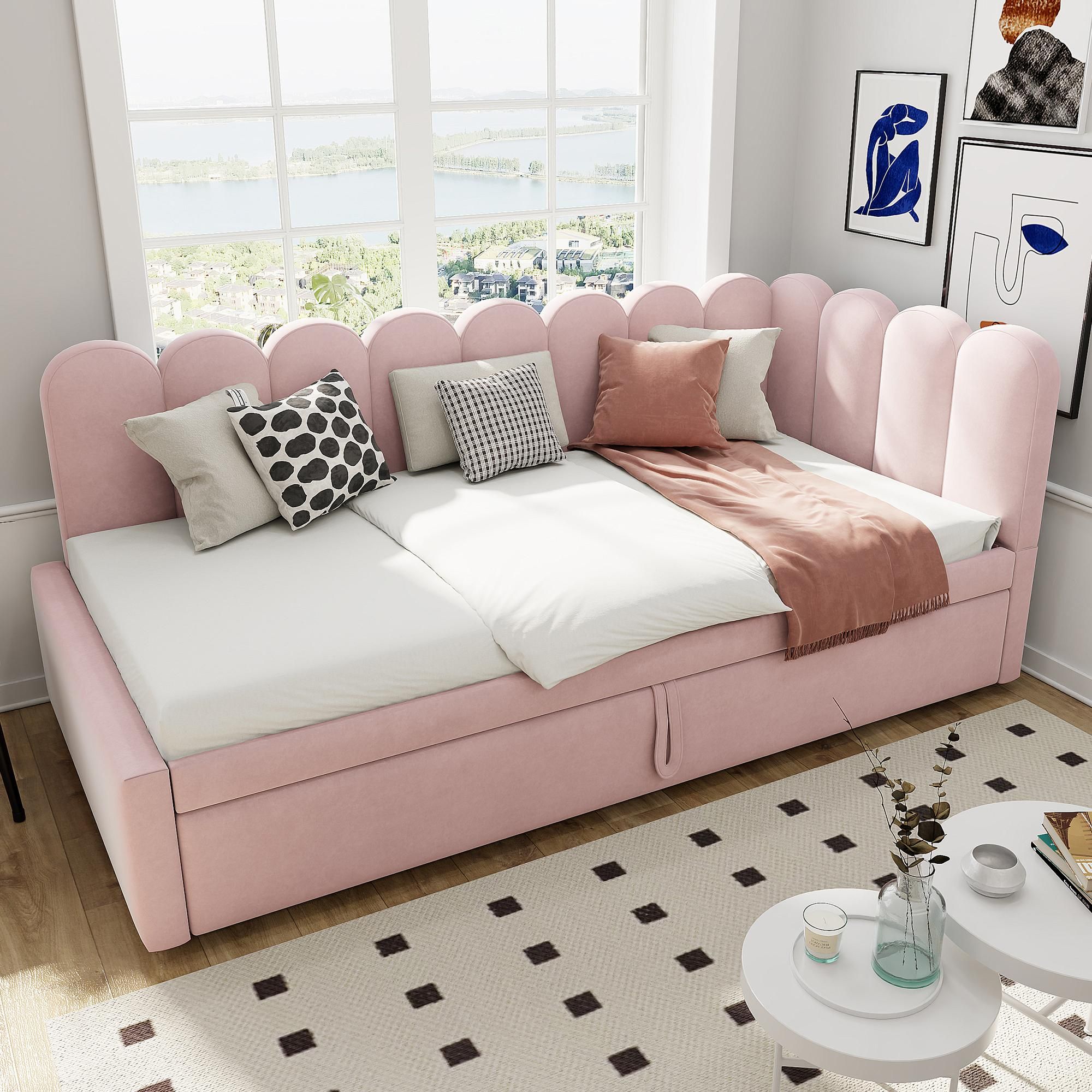 Merax Polsterbett L-Schlafsofa 2-in-1 Ausziehbar Einzelbett mit Lattenrosten, Doppelbett aus Samt, Push-Pull, Kinderzimmer, Gästezimmer, Rosa
