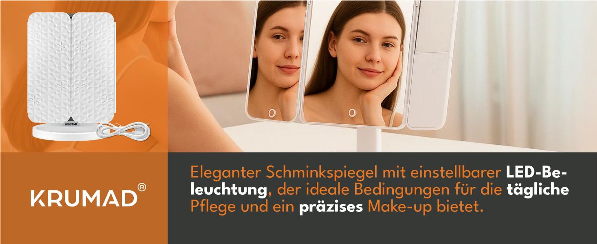 KRUMAD LED Kosmetikspiegel, 3 Lichtfarben, 180° drehbar, faltbarer 3-Flügel Schminkspiegel mit Dimmfunktion, USB, 175×240 mm