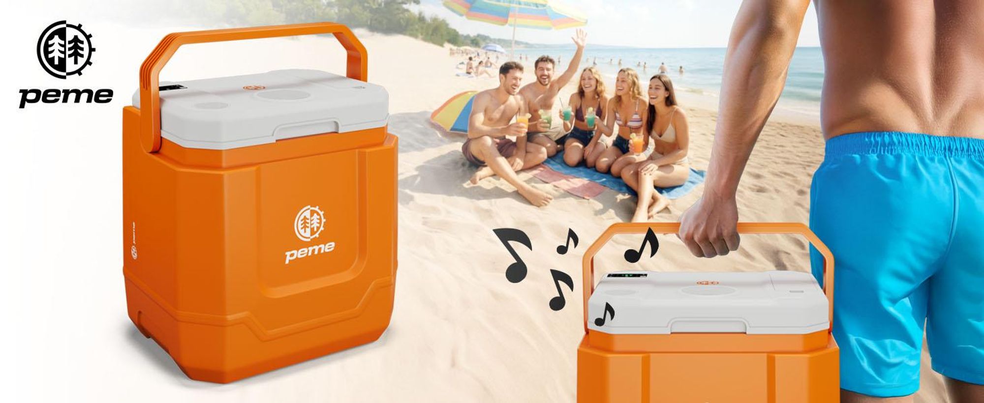 Peme Elektrische Kühlbox Trip Orange - Auto Camping, Kühlschrank, Bluetooth, Lautsprecher leise, Wärmebox Mini-kühlschrank, PKW LKW Reise, Zelt, USB