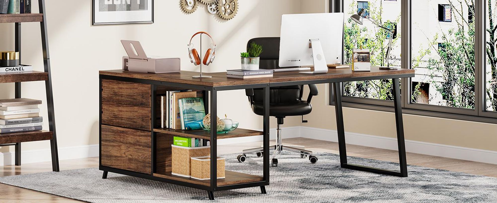 Tribesigns L-förmiger Computertisch mit 3 Schubladen, wendbarer Eckschreibtisch mit Regalen, 134 cm PC-Schreibtisch Studie Schreibtisch, braun