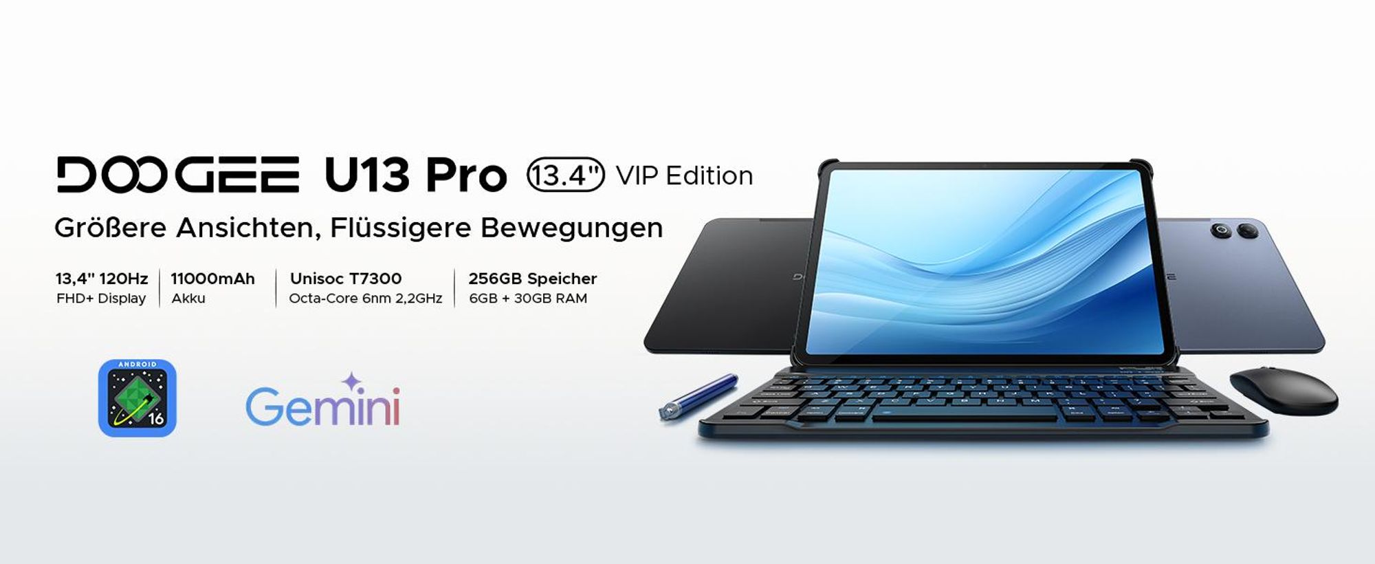 DOOGEE U13 Pro Tablet Android 16, 13,4 Zoll, 36 (6+30) GB + 256 GB(bis 2TB erweiterbar), 120Hz, 11.000 mAh/18 W, Gemini AI, Widevine L1,Tastatur-Set