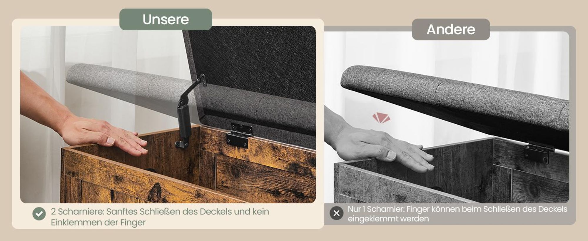 VASAGLE Truhe mit Stauraum, Truhenbank mit Deckel, für Schlafzimmer, Flur, Wohnzimmer, 41 x 101 x 49 cm, braun-grau