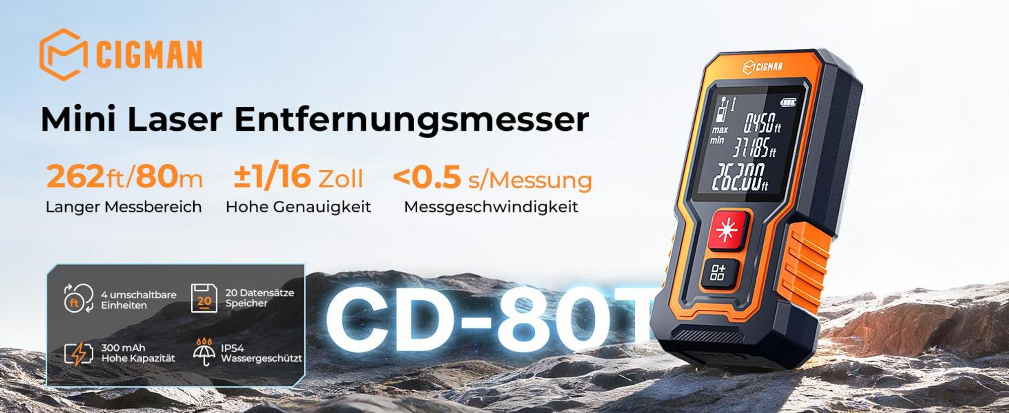 CIGMAN CD80T Laser-Entfernungsmesser 80m, LCD, USB-C Akku, IP54 Schutz