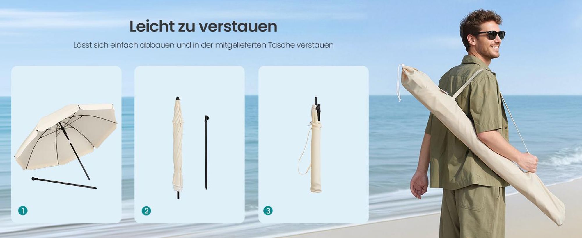 SONGMICS Strandschirm höhenverstellbar, UV-Schutz UPF 50+, Sonnenschirm mit Tragetasche, für Garten, ohne Ständer, beige
