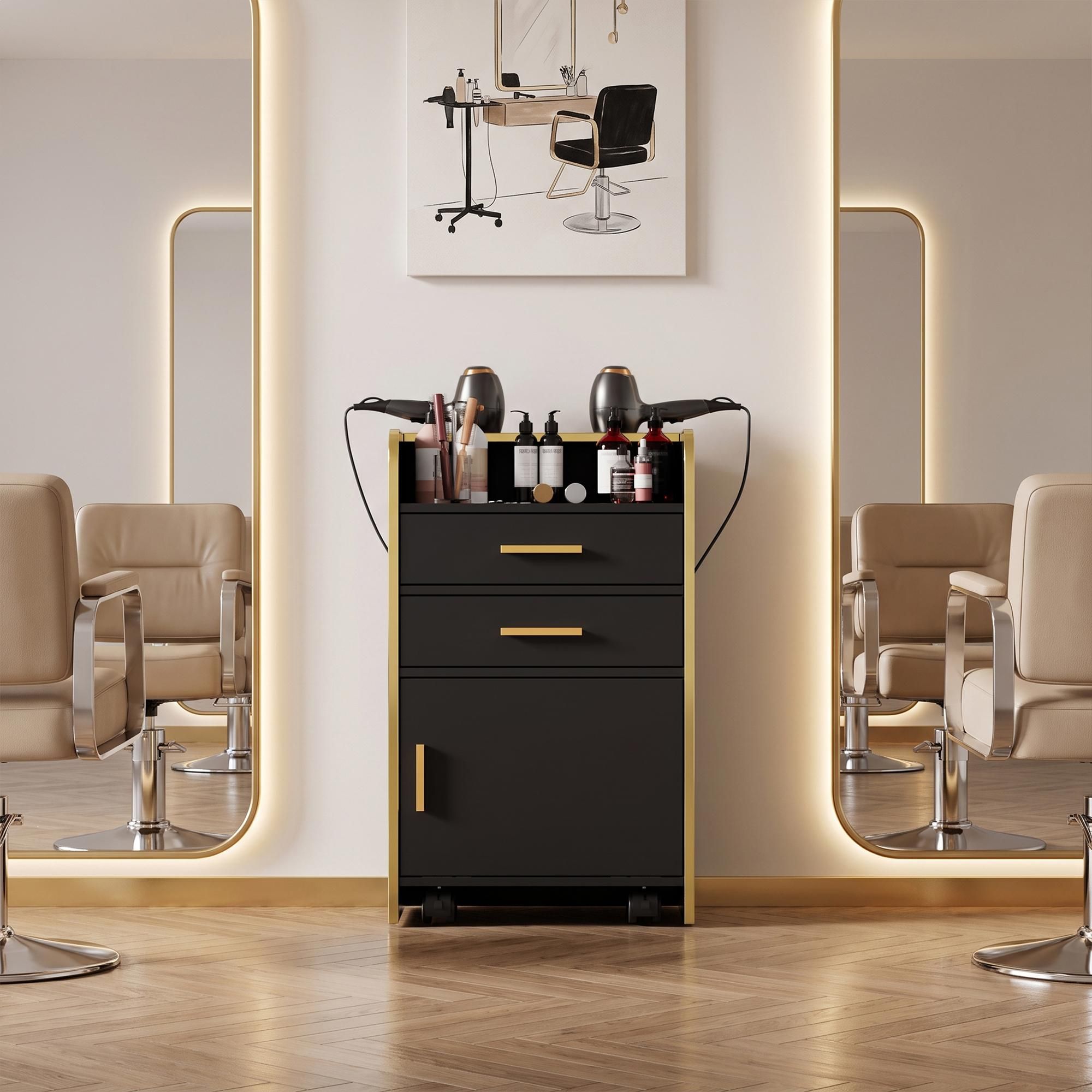 Salonwagen mit Rollen, Friseurwagen mit Schubladen und Haartrockner-Halterungen, Mobiler Aufbewahrungswagen für Friseursalon, Beauty Studio und Nagelp