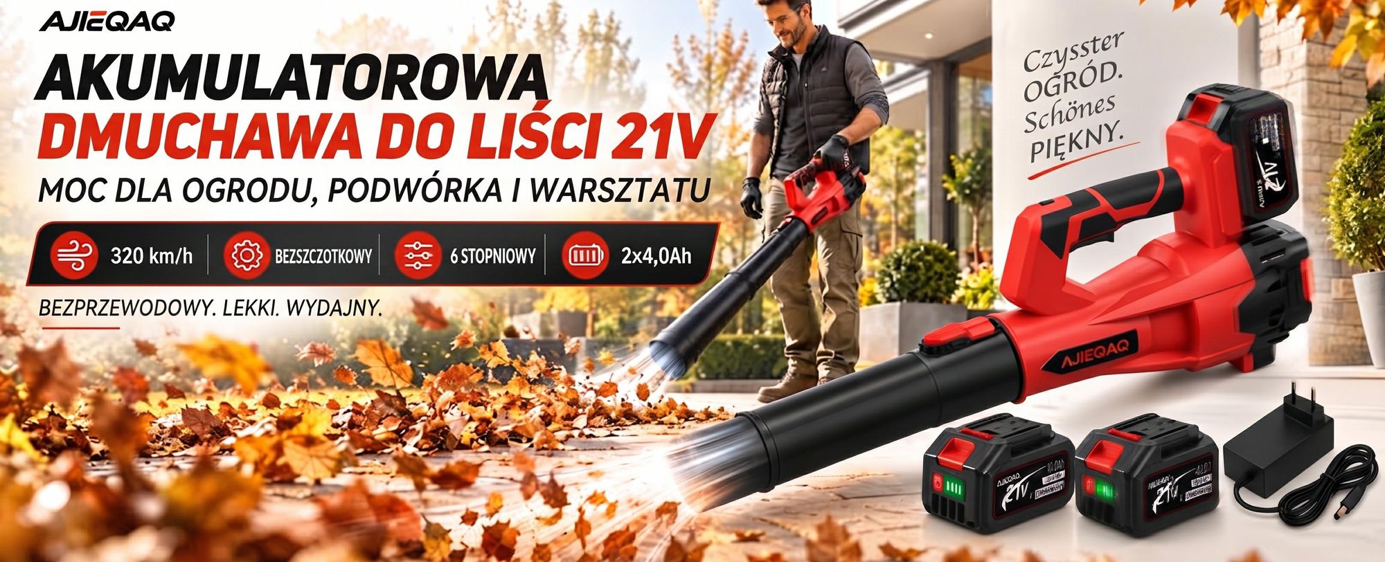 Akumulatorowa Dmuchawa do Liści 21V Brushless, 2×4,0Ah Akumulatory, 320 km/h, 6 Poziomów z Trybem Turbo, 1000W, Bezprzewodowa Dmuchawa z 2 Rurami