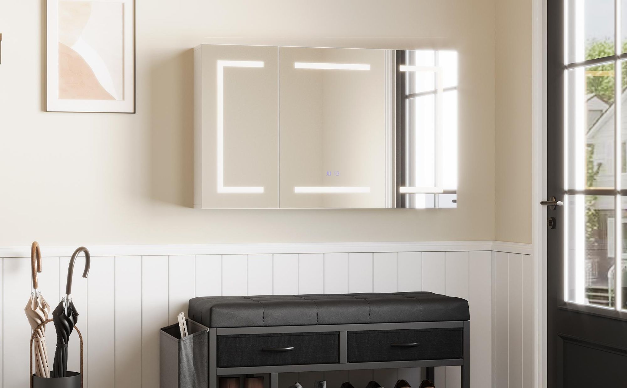 INONEFT Spiegelschrank Bad mit Beleuchtung, 100x60 cm Badezimmerschrank, 3 Türen, Anti-Beschlag, Steckdose, 3 Farbtemperaturen, Touch-Sensor, Modell A