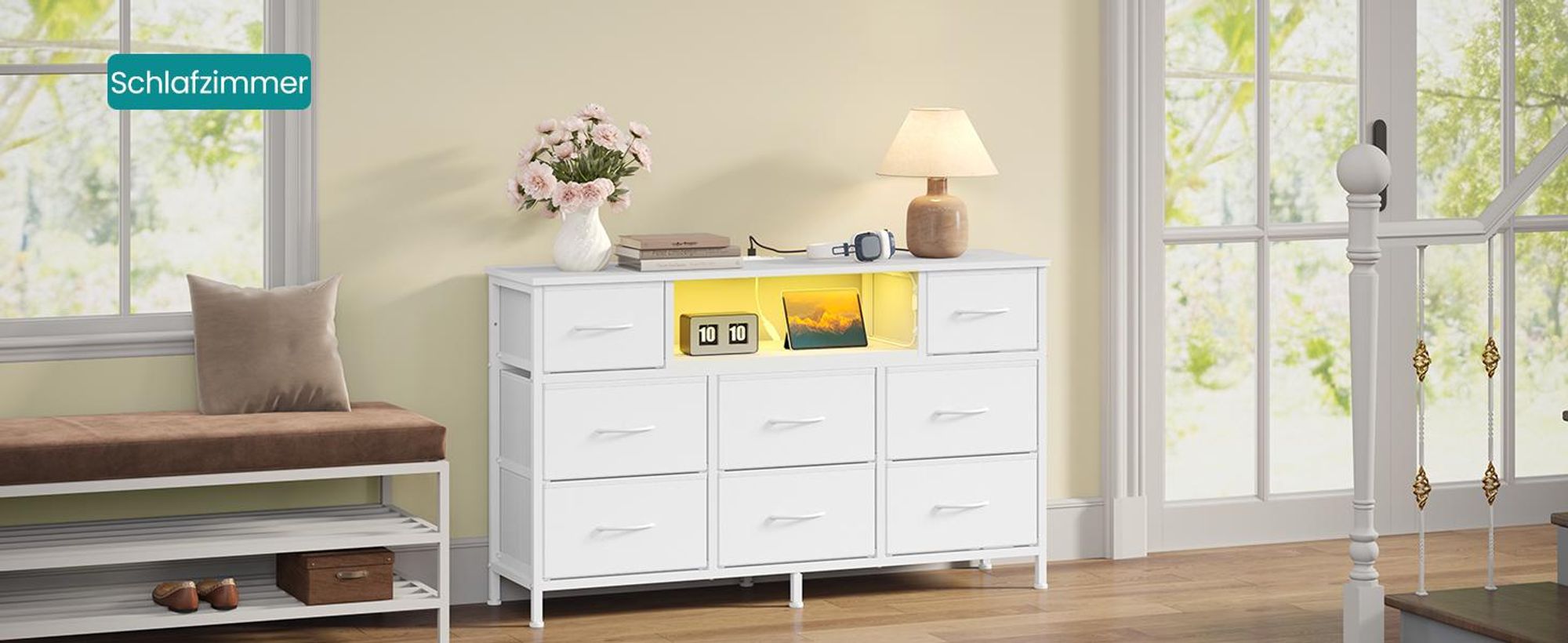 SONGMICS Kommode mit 8 Stoffschubladen, TV-Schrank mit LED und Steckdosen, 113,8 x 30 x 68,1 cm, Weiß