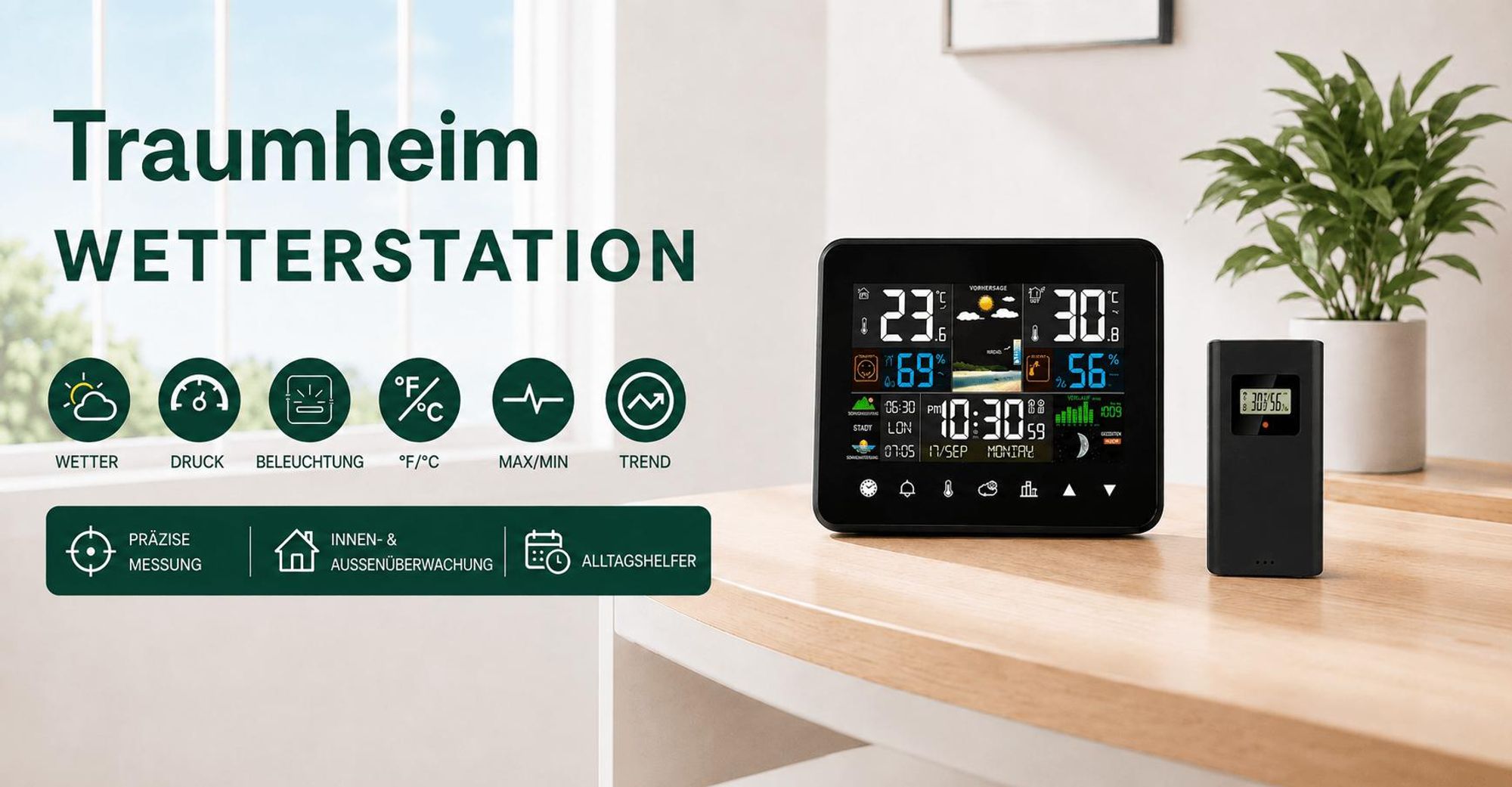 LCD Funk-Wetterstation mit Außensensor, Großes Touchscreen Farbdisplay, Wecker Funkuhr Kalender Vorhersage Hygro