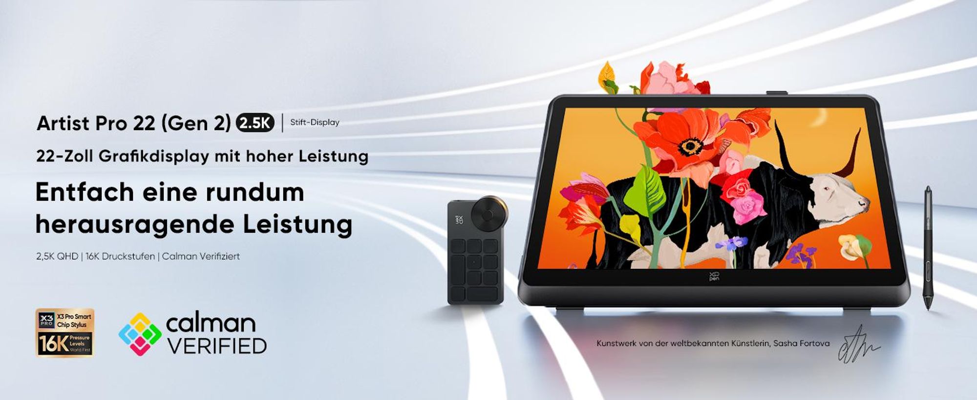 XPPen Artist Pro 22 (Gen 2), Kabelgebunden, 5080 lpi, 475,392 x 267,408 mm, USB/Bluetooth, 1 cm, Stift