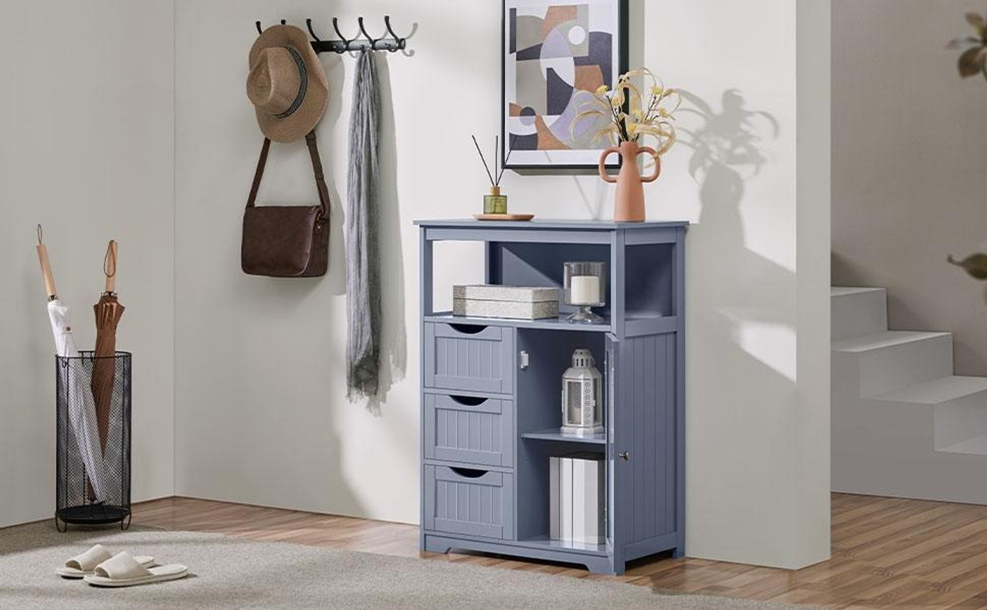 Yaheetech Badezimmerschrank Beistellschrank aus Holz mit 3 Schubladen & verstellbarer Ablagefläche, 90cm H, Grau