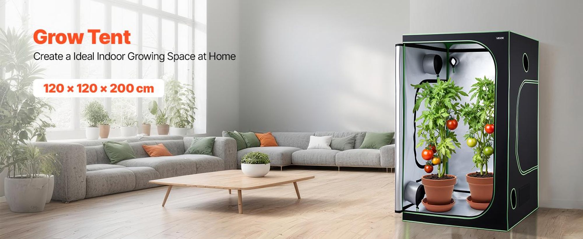 VEVOR Indoor-Grow-Zelt, 60 x 60 x 180 cm, 600D hochreflektierendes Mylar, Indoor-Pflanzenzelt mit Beobachtungsfenster, Bodenwanne & Reißverschluss, strapazierfähige Anbauzelte für Obst, Blumen und Gemüse, 120x120x200 cm