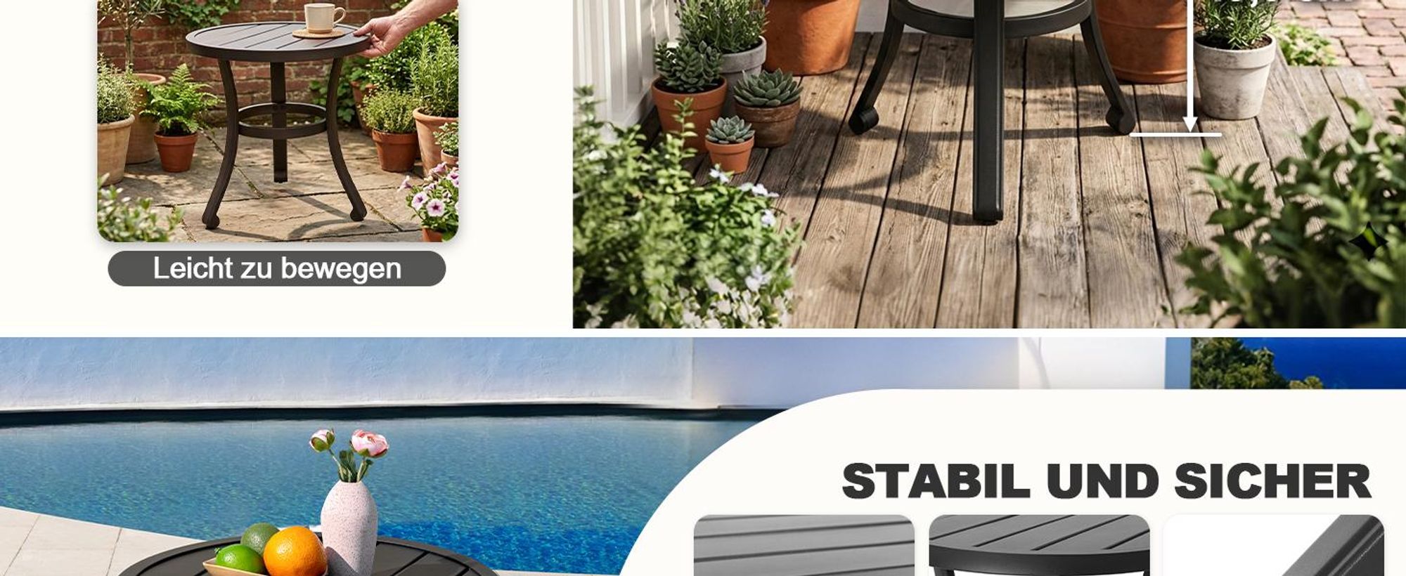Outdoor-Beistelltisch aus Metall, 51 cm, rund, Schwarz
