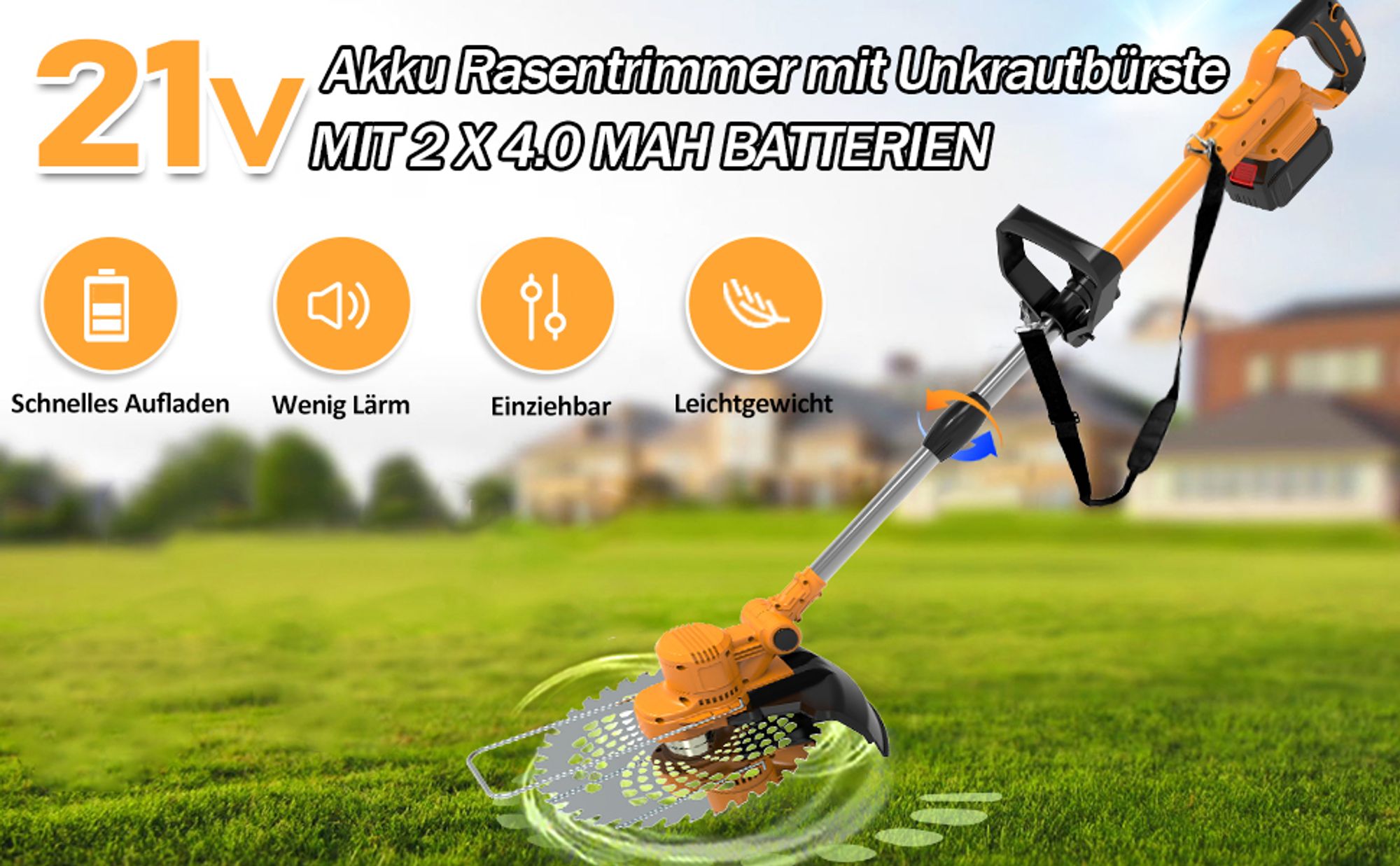 Akku Rasentrimmer mit 2× 4000mAh Akkus, 750W leistungsstarker Freischneider für Gartenarbeit, Rasentrimmer mit Unkrautbürste & Fugenbürste | Orange