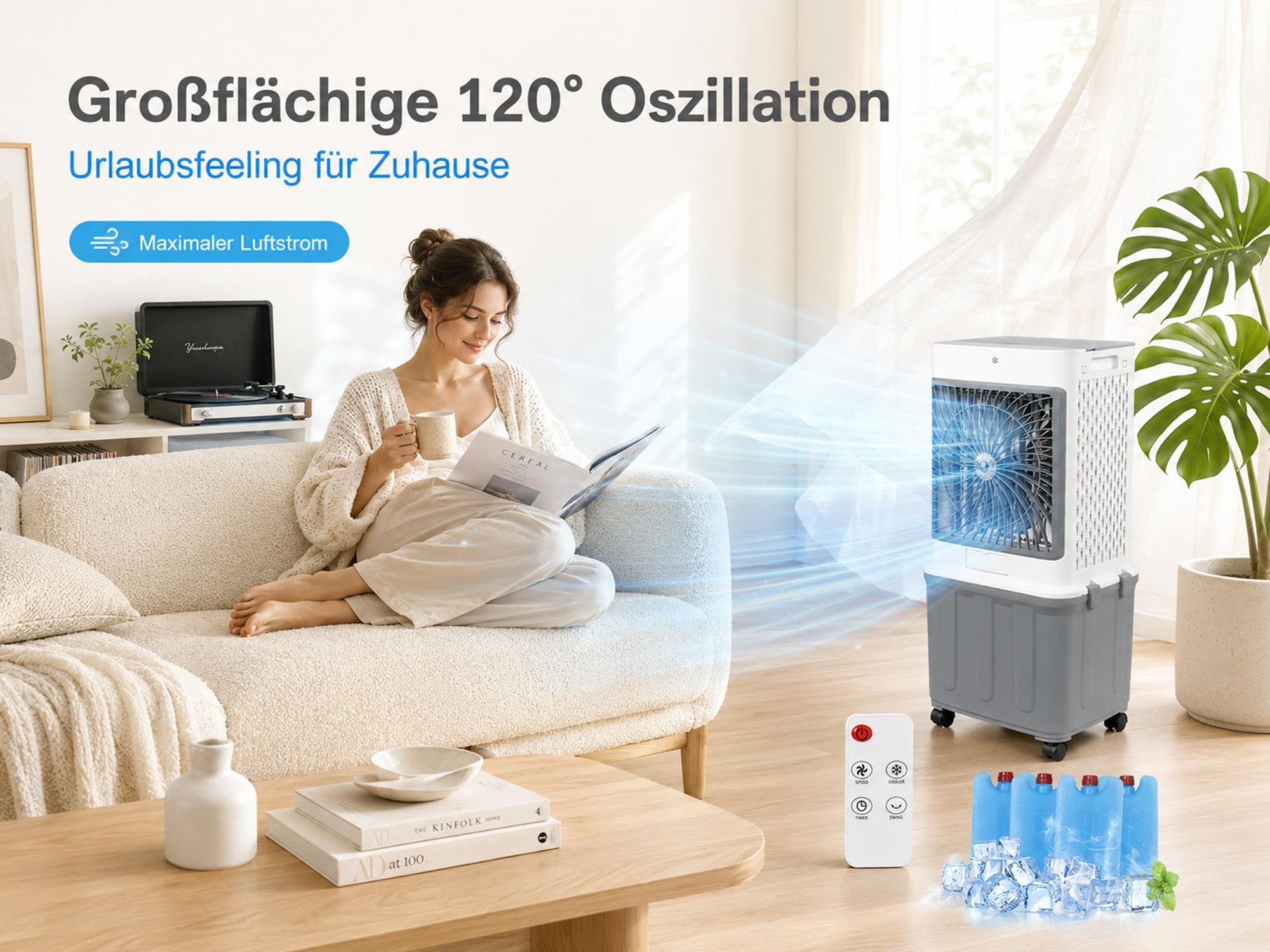 32L Klimagerät Mobil Ohne Abluftschlauch 70W Klimaanlage mit 4 Eisboxen 30H Laufzeit 30dB Leise Ventilator Mit Wasserkühlung Wohnung Zimmer Räume 85cm