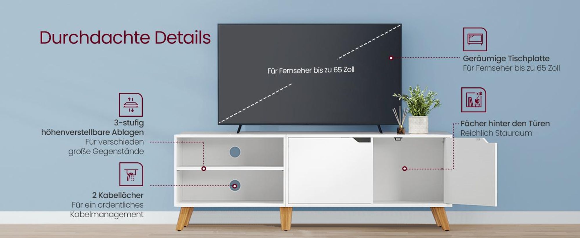 VASAGLE Lowboard TV-Schrank, Lange 160 cm, für Fernseher bis zu 65 Zoll