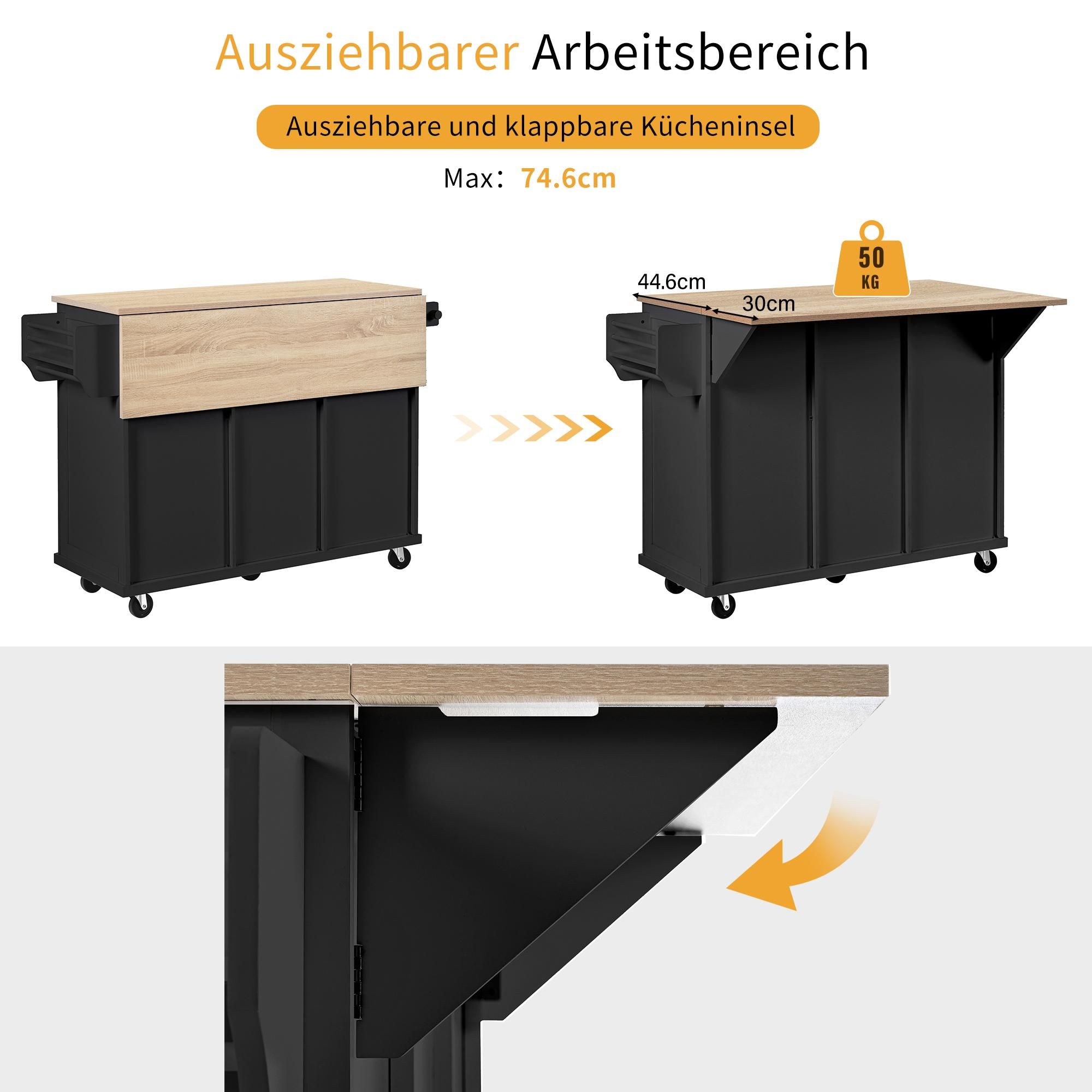 Merax Kücheninsel Servierwagen mit Erweiterbarer Arbeitsplatte, Schubladen und Tür, Küchenwagen auf Rollen, Mobil Küchenschrank, Schwarz