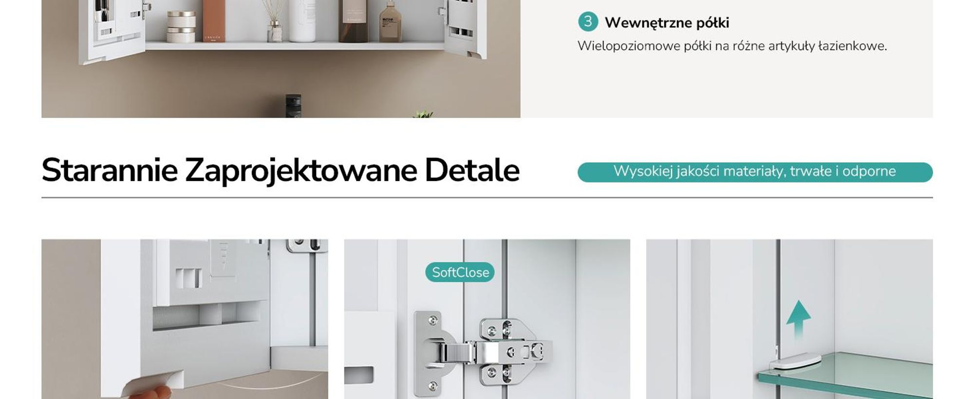 EMKE szafka z lustrem biała matowa dwudrzwiowa 65x80x14,5 cm naścienna ze schowkiem i regulowaną półką ze szkła stalowego Idealna do organizacji łazienki