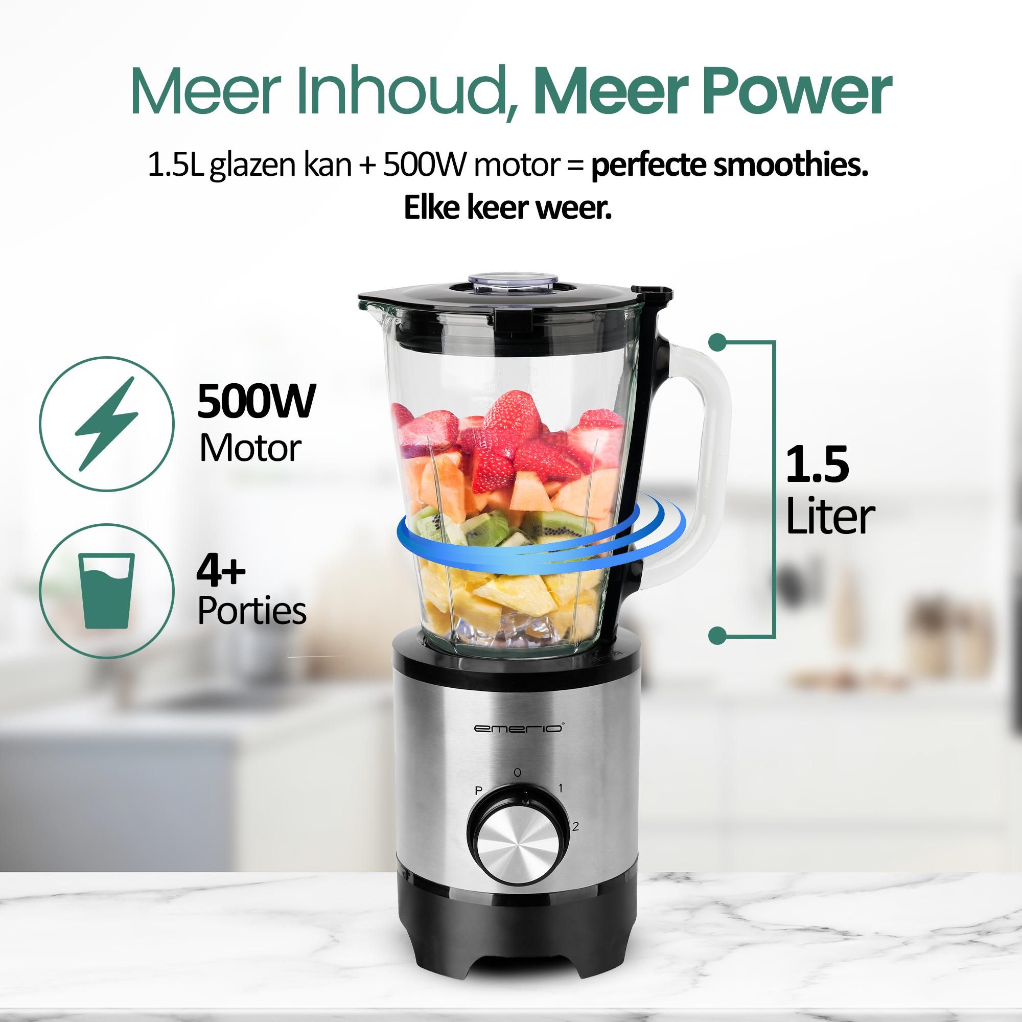 Emerio Blender BL-130988 – 1,5 L – 500 W – Glazen Kan – RVS – Zwart/Zilver