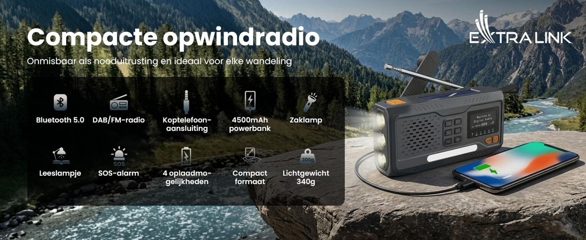Extralink Noodradio DAB/FM, Solar, Dynamo, 4500 mAh, Bluetooth en SOS