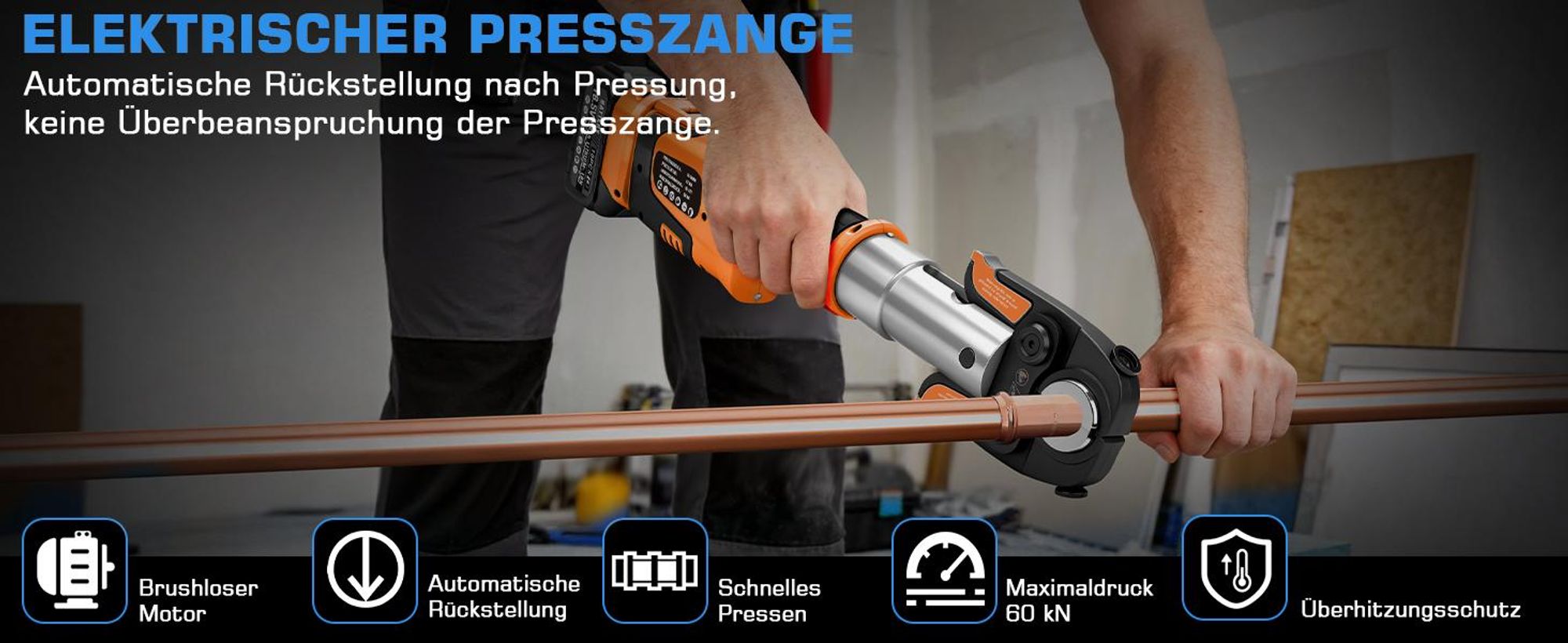 60kN Akku Hydraulische Presszangen Elektrisches Rohrschlüssel mit TH16 20 26 32 und V12 15 18 22 28 mit 2 * 5 Ah Akkus, 2A-Ladegerät, LCD-Display