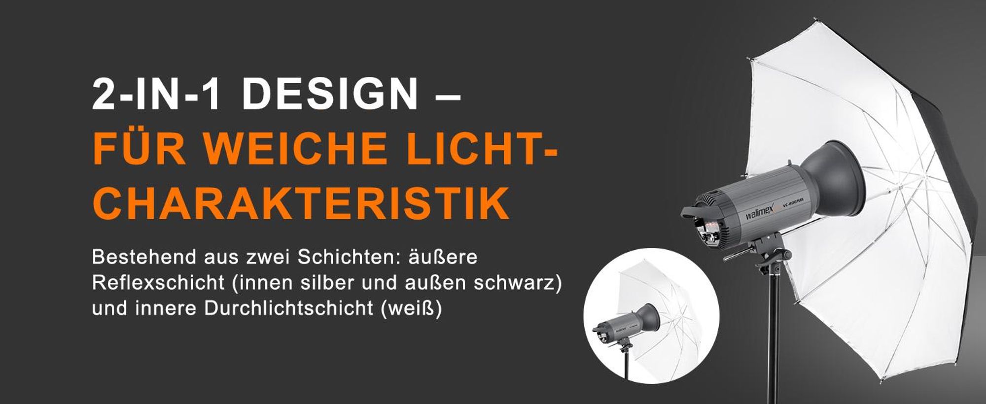 Walimex pro 2in1 Reflex- und Durchlichtschirm weiß, Fotoschirm 109 cm Durchmesser, robuster Reflexschirm mit Stange und Spitze aus Metall, Lichtformer für weiche Lichtcharakteristik