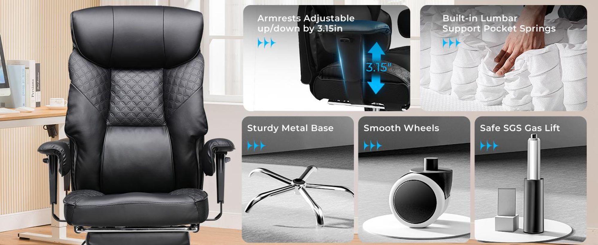 Fotel gamingowy COMHOMA dla wysokich i ciężkich osób, ergonomiczny fotel biurowy do 180 kg, poduszka siedziska 3D, regulowany podnóżek, skóra PU, czarny