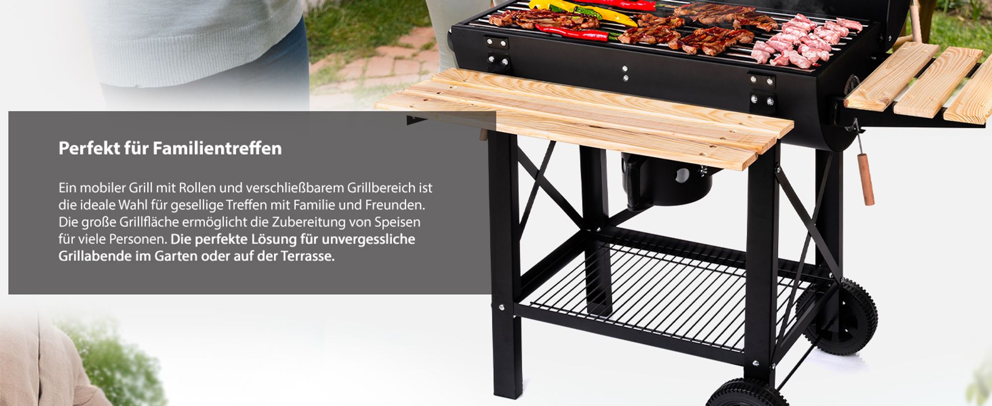 Lehmann Holzkohlengrill mit Grillrost, 2 Holzeinlegeböden, Deckel und Rädern