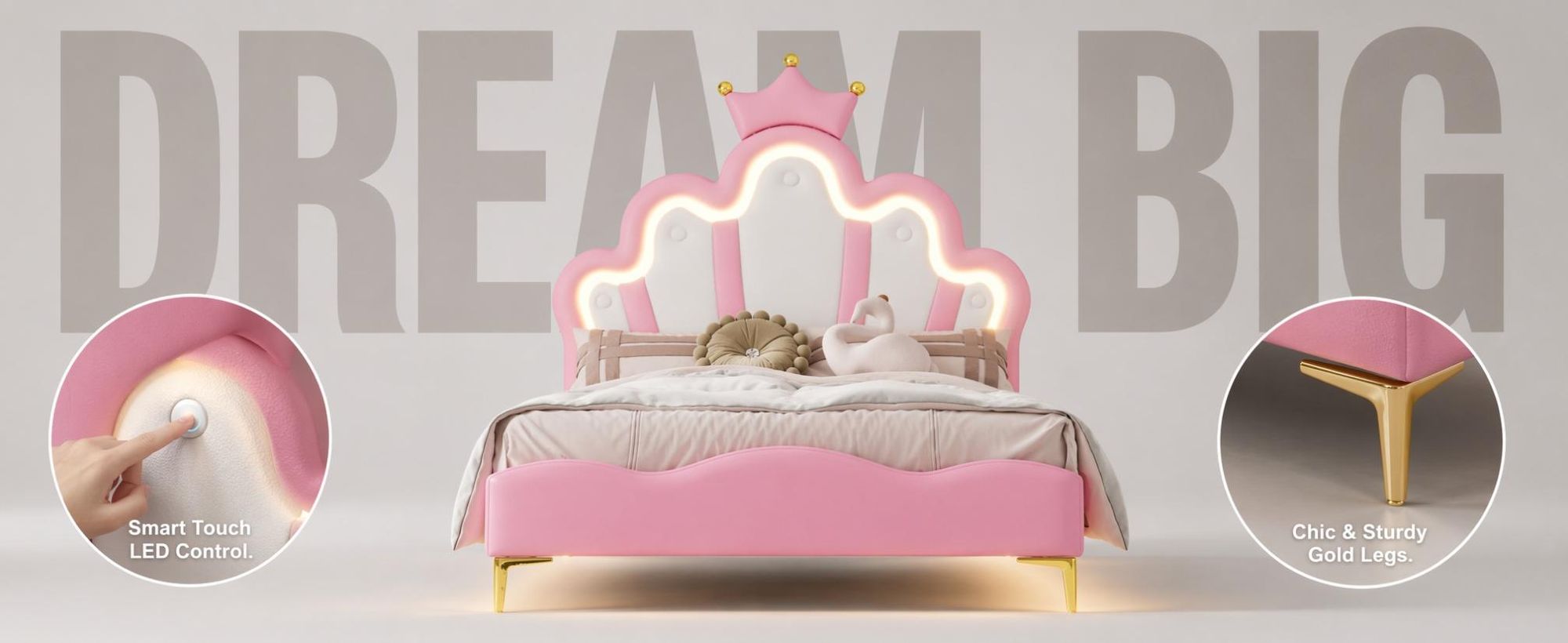 Polsterbett 90x200cm mit Lattenrost, Kinderbett mit Kronenförmigem Kopfteil, Jugendbett Einzelbett mit Led, Prinzessinnenbett Holzbett, PU，Rosa