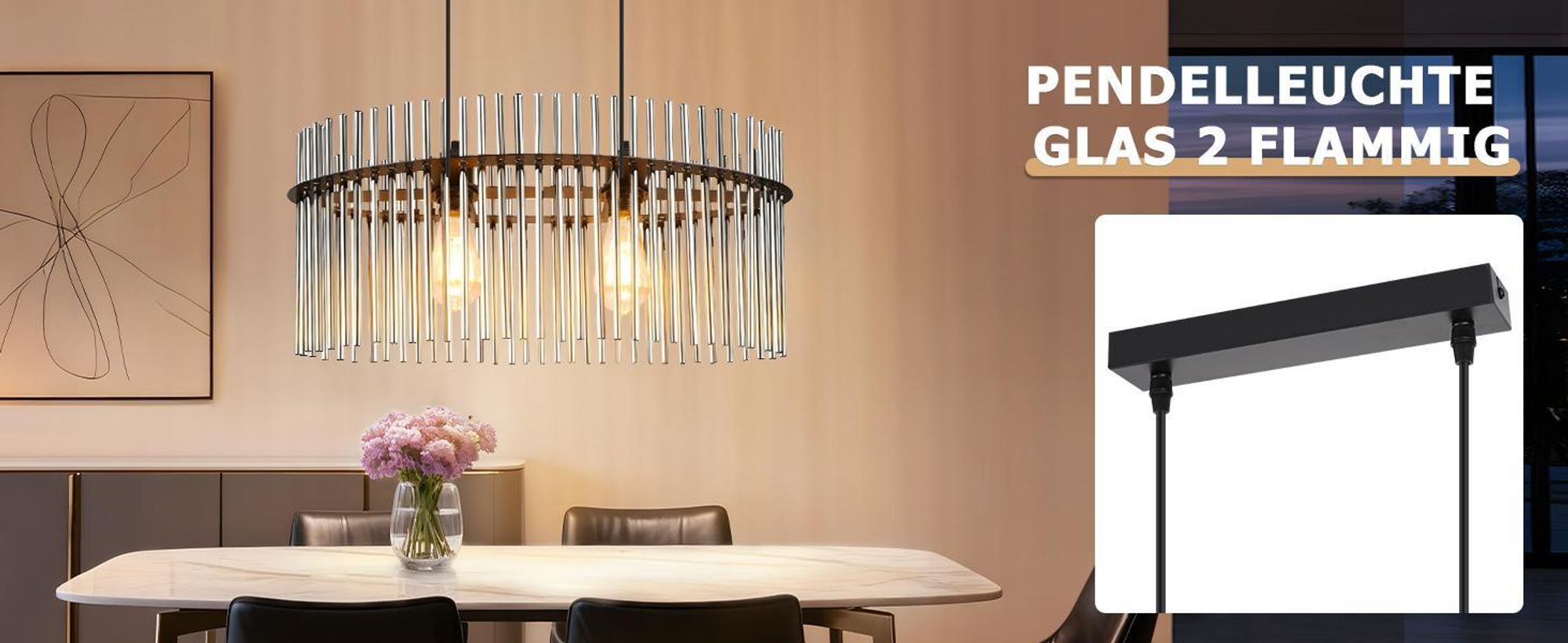 ZMH Pendelleuchte 2 Flammig Hängeleuchte Esstisch E27 Pendellampe Esstischlampe Hängend Glasschirm Ø60cm für Küche Wohnzimmer(ohne Leuchtmittel)