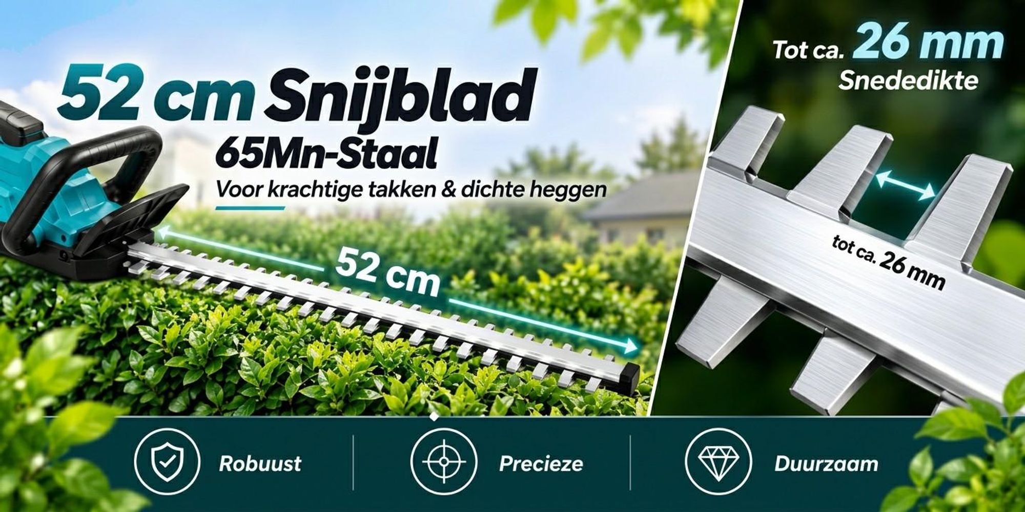 AJIEQAQ Accu-heggenschaar 21V met Brushless Motor, 1500W, 52 cm Mes, 2×4,0Ah Accu's, 360° Draaibare Handgreep, tot 26 mm Snijcapaciteit